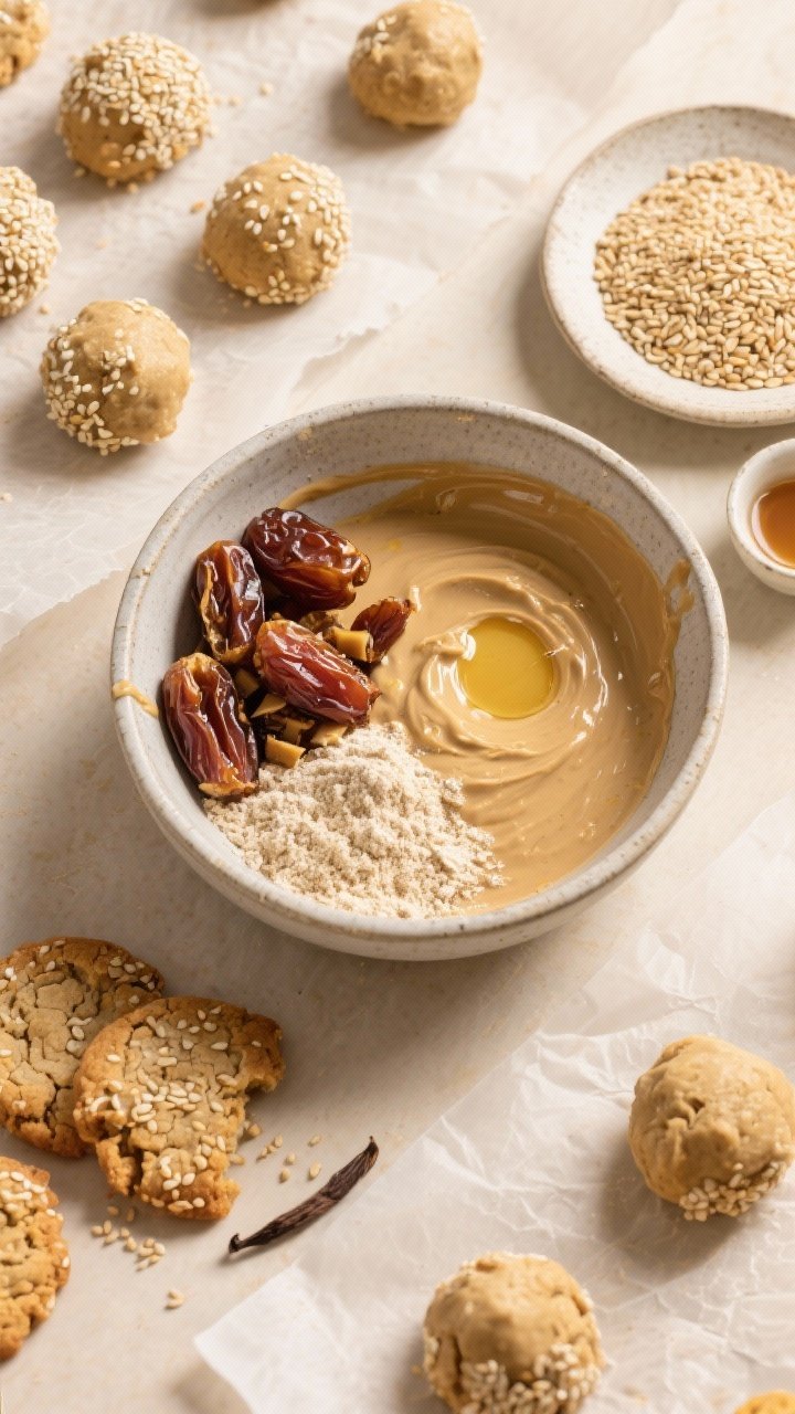 Overhead ingredients-and-prep flat lay for tahini-date cookies with sesame crunch: a mixing bowl of stirred tahini and melted coconut oil, chopped soaked Medjool dates, oat flour, vanilla extract, and a dish of toasted sesame seeds; some dough balls rolled in sesame ready on a parchment-lined sheet, a few baked cookies showing golden edges and craggy tops; warm neutral tones, clean baking scene, sharp detail on seeds and cookie texture.