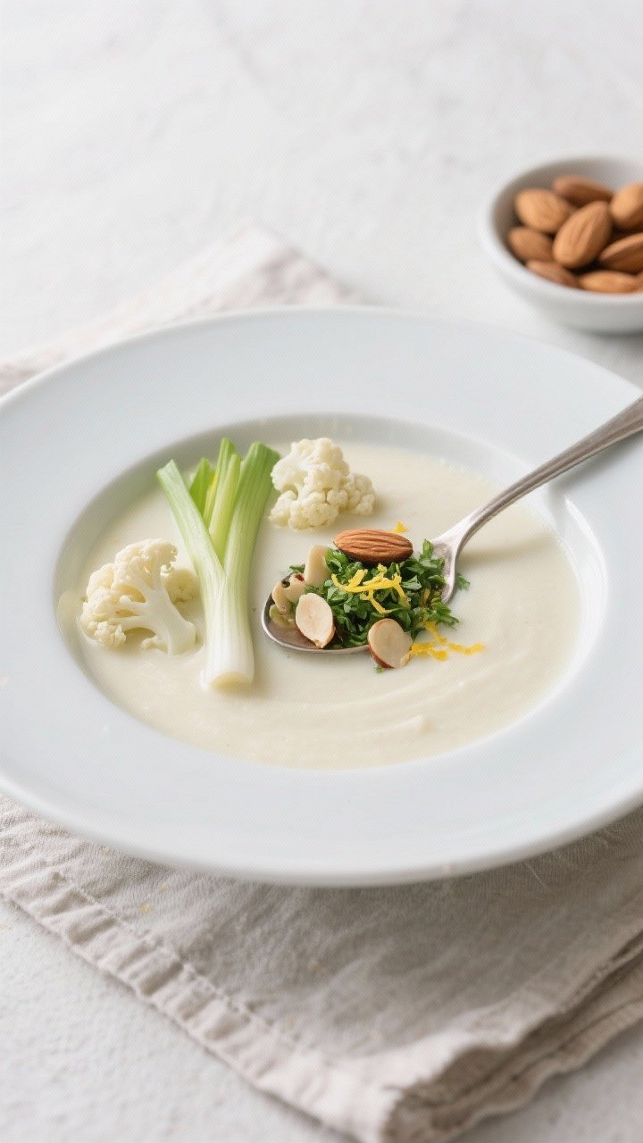13 Healthy Winter Soup Recipes That’ll Keep You Cozy All Season 4 Overhead minimalist composition of creamy cauliflower-almond soup in a shallow bowl, ultra-smooth pale ivory surface with a glossy finish; topped with a spoonful of garlicky gremolata (parsley, lemon zest, garlic) and toasted slivered almonds; sliced leeks and cauliflower florets styled on a linen beside a small dish of almonds, clean Scandinavian vibe.