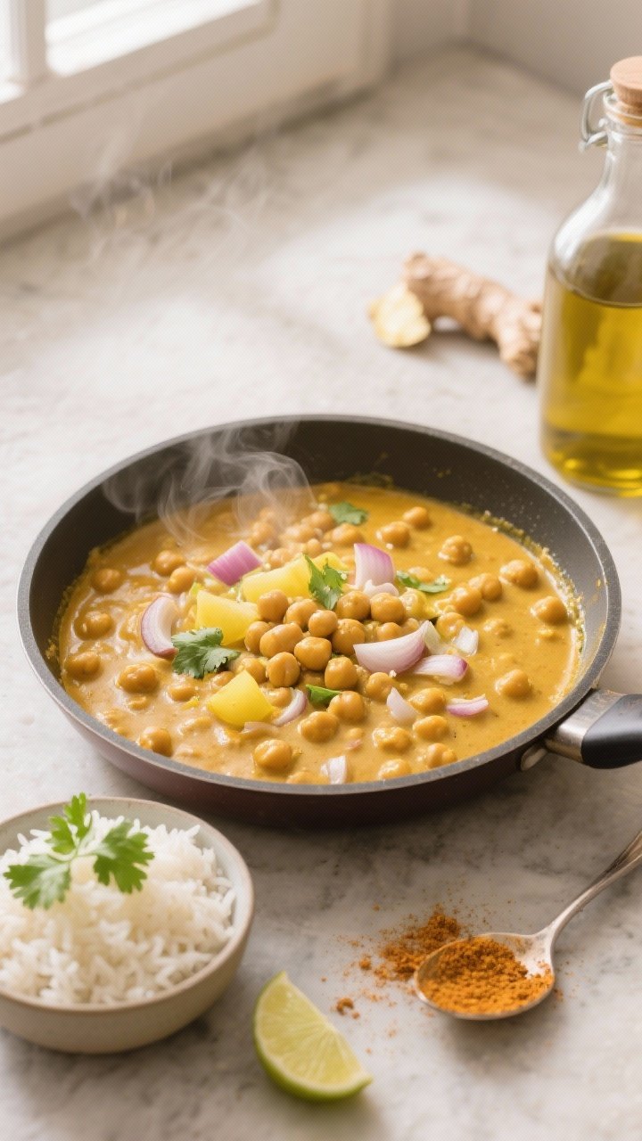 10 Vegan Curries to Make on Repeat That Hit Every Craving 1 Overhead shot of a creamy coconut chickpea curry simmering in a shallow skillet: golden curry sauce with visible chickpeas, finely chopped yellow onion, minced garlic and ginger flecks, mild curry powder and ground cumin creating a warm turmeric-gold hue; a small bowl of steamed basmati rice on the side, lime wedge and cilantro for garnish, light steam rising; styled on a light stone surface with neutral oil bottle and a spoon dusted with curry powder; soft natural window light for a cozy, weeknight feel.