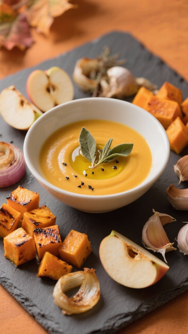 13 Healthy Winter Soup Recipes That’ll Keep You Cozy All Season 1 Overhead shot of a velvety roasted butternut squash and apple bisque in a matte white bowl, drizzled with olive oil and topped with crispy sage leaves and a sprinkle of black pepper; charred edges of cubed butternut, roasted Honeycrisp apple wedges, caramelized onion, and whole roasted garlic cloves arranged as a styled ingredient vignette around the bowl on a warm slate surface, autumnal orange and golden hues, soft window light, no people.