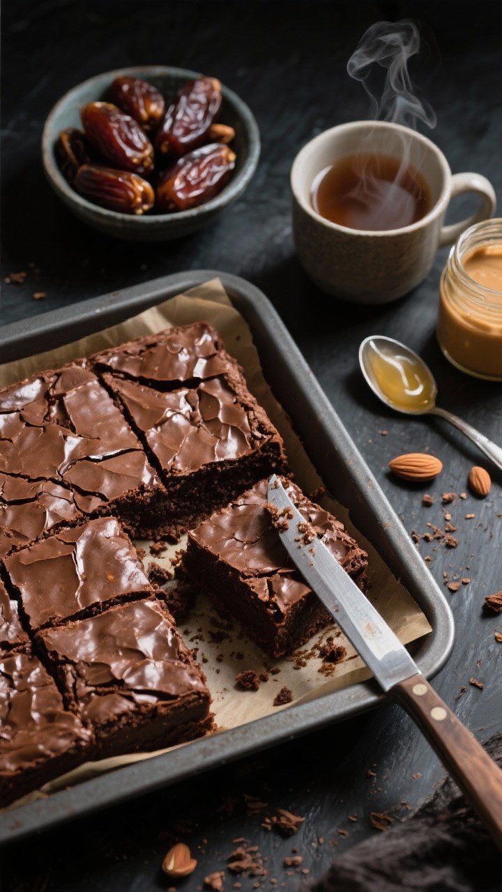 Overhead shot of gooey date-sweetened brownies with crackly tops on a parchment-lined square pan, a knife revealing fudgy interiors and shiny crackled surface; include a small bowl of packed pitted Medjool dates (14–16), a cup with steaming hot water, a jar of almond butter and a spoonful of melted coconut oil on the side; dark, moody lighting to emphasize rich chocolate texture, crumbs scattered, no people, professional food styling.