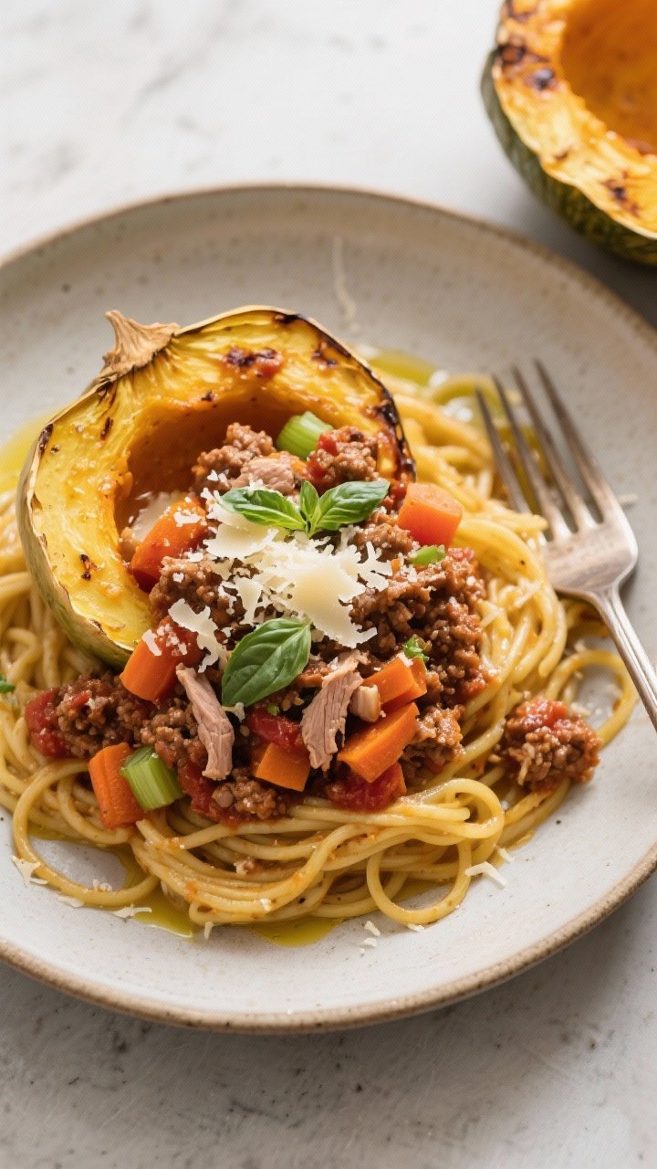Overhead shot of turkey bolognese over roasted spaghetti squash: golden spaghetti squash strands piled high with a rich tomato-wine turkey bolognese, visible carrot, celery, and onion soffritto; grated parmesan, torn basil, and a drizzle of olive oil; served in a shallow bowl with roasted squash shell and a fork nearby.