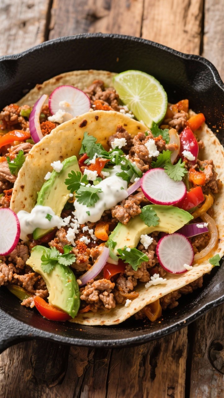 Overhead skillet shot of a zesty turkey taco skillet: browned ground turkey seasoned with chili powder, cumin, smoked paprika, and garlic, folded with sautéed onions and bell peppers, topped with chopped fresh cilantro, thinly sliced radishes for crunch, diced avocado, lime wedges, and a sprinkle of cotija; drizzle of cilantro-lime crema on a matte black skillet over a rustic wooden table, vibrant colors, bright, punchy Mexican street-food mood.