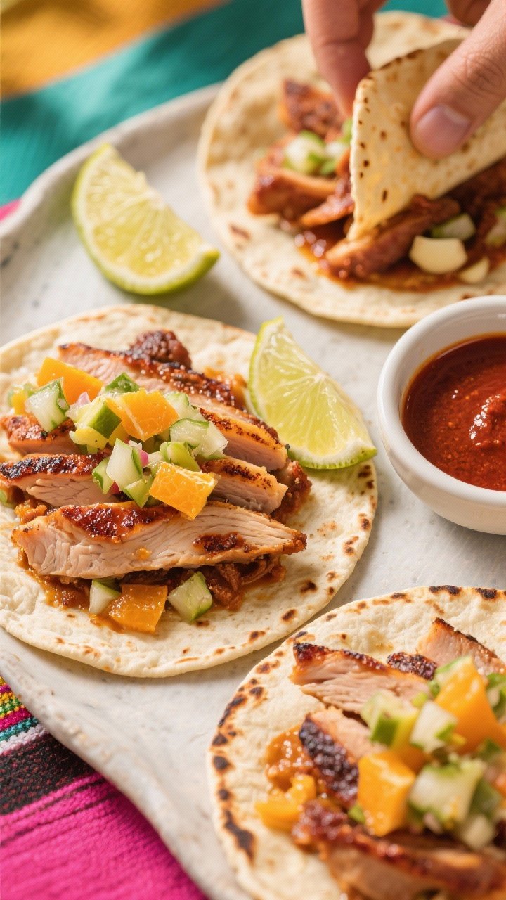 14 Delicious Pheasant Recipes You’ll Crave All Season 3 Overhead taco assembly: al pastor–inspired pheasant—thin slices marinated with achiote paste, orange and lime juice, apple cider vinegar, garlic, and cumin—seared with caramelized edges; warm tortillas topped with the pheasant and fresh pineapple salsa; lime wedges and a small bowl of achiote marinade on the side; vibrant, street-food energy.