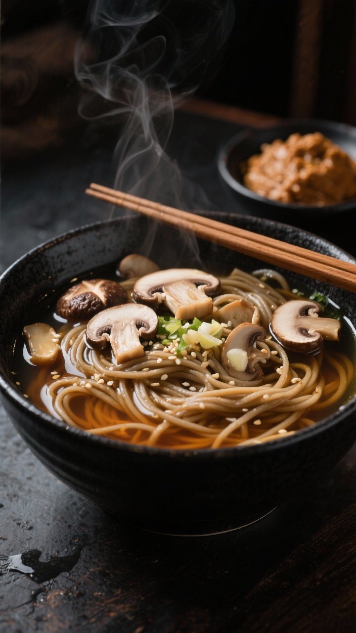 13 Healthy Winter Soup Recipes That’ll Keep You Cozy All Season 5 Steaming miso-mushroom umami broth with soba, straight-on shot: tangle of buckwheat soba submerged in a clear amber broth, a mix of shiitake, cremini, and oyster mushrooms glistening with sesame oil, threads of ginger and minced garlic visible; chopsticks resting on a black ceramic bowl, small dish of low-sodium soy/miso paste in the background, dark, cozy ramen-bar atmosphere.