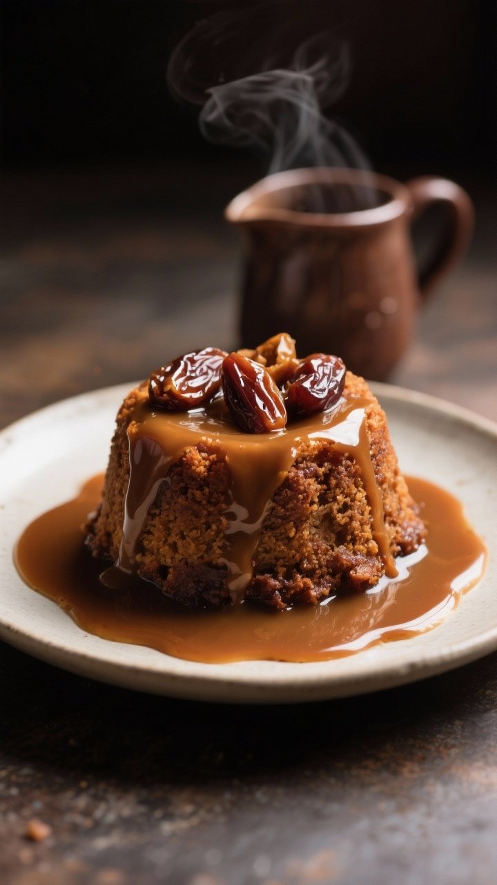 Straight-on hero shot of vegan sticky toffee date pudding: individual warm cake on a small plate drenched in thick toffee sauce, chopped dates peeking through the crumb, a puddle of sauce around the base; extra sauce in a small pitcher behind; deep, cozy tones, slight steam visible, soft focus background, high gloss highlights on the sauce.