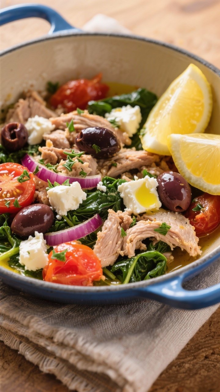 Straight-on plated Greek-style turkey skillet: crumbled herbed turkey with sautéed tomatoes, red onion, oregano, and spinach, scattered with briny Kalamata olives, big crumbles of feta, and lemon wedges; drizzle of extra-virgin olive oil catching light; served in a blue-rimmed enamel pan with warm Mediterranean tones and a rustic linen napkin.