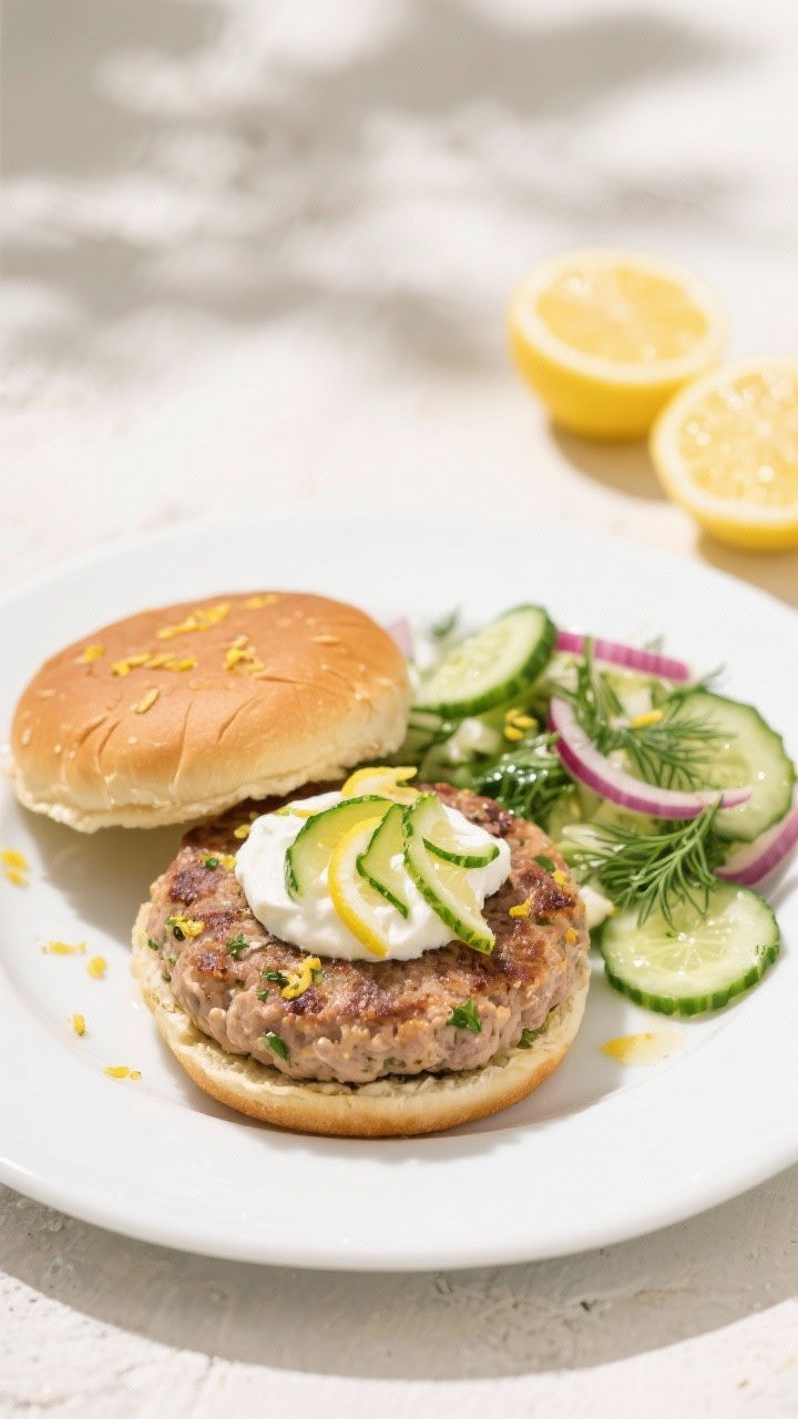 Straight-on plated lemon-ricotta turkey burgers: juicy patties flecked with lemon zest and herbs, topped with a dollop of herbed yogurt and thin cucumber ribbons; served bunless alongside an herbed cucumber salad with dill, red onion, and a light vinaigrette; bright, sunny setup with a white plate and lemon halves.