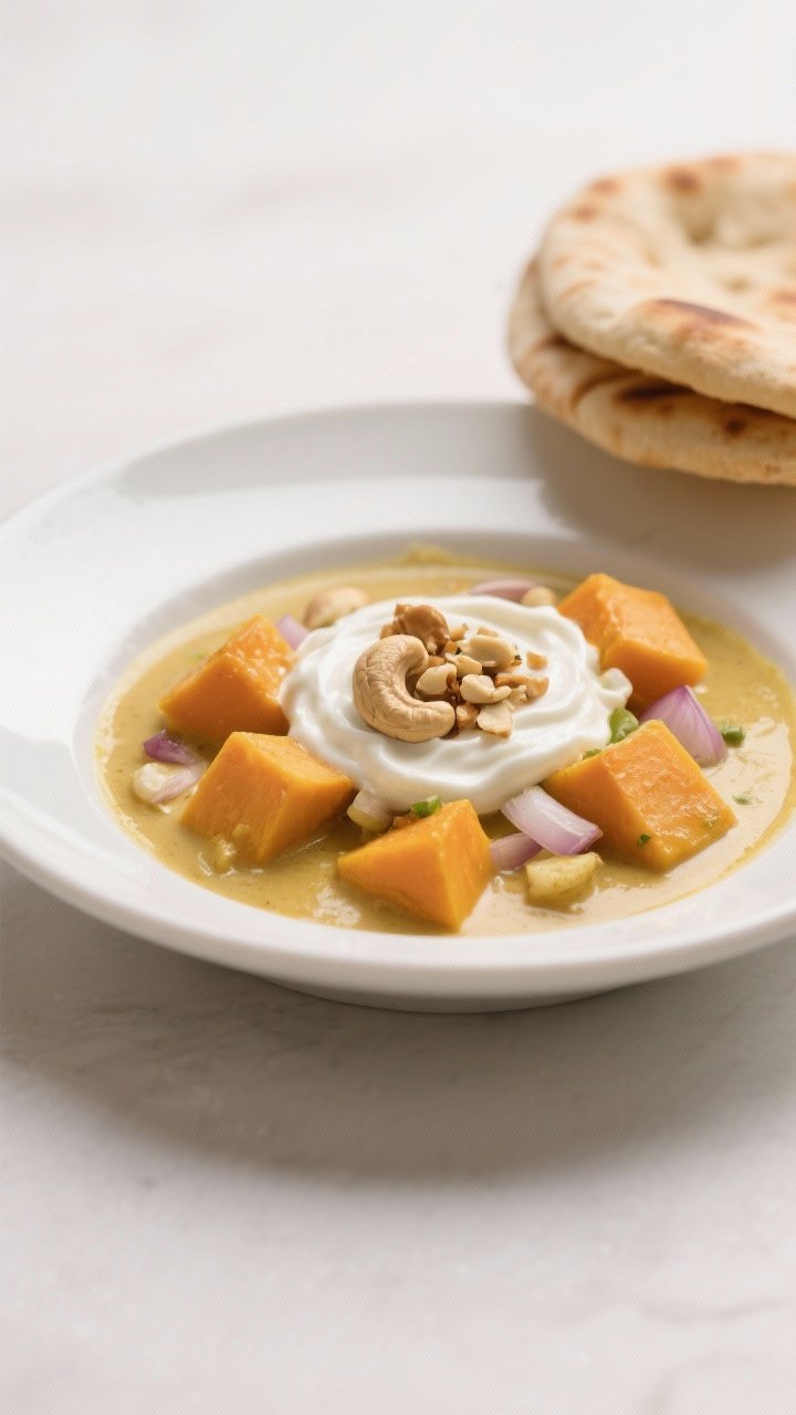 10 Vegan Curries to Make on Repeat That Hit Every Craving 4 Straight-on plated presentation of butternut squash korma with cashew cream: velvety, pale-gold sauce enveloping cubed roasted butternut squash, finely chopped onion, minced garlic and ginger notes visible; glossy surface from neutral oil and olive oil; a swirl of cashew cream on top, crushed cashews sprinkled for texture; served in a shallow white bowl with warm naan stacked behind; clean, minimal background, soft diffused light highlighting the creamy texture.