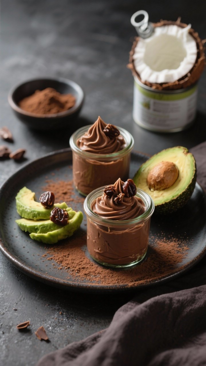 Straight-on plated presentation of silky chocolate-avocado mousse piped into small glass jars, topped with espresso-soaked date bits and a dusting of cocoa; include halved ripe avocados, a small bowl of unsweetened cocoa powder, and an open can showing scooped coconut cream in the background; rich, velvety texture highlighted with soft side light, dark ceramic tray, elegant minimal garnish.