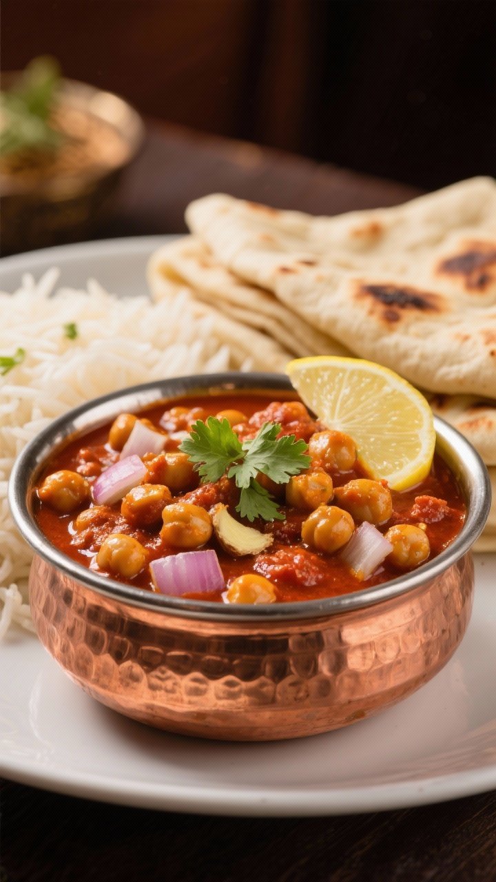10 Vegan Curries to Make on Repeat That Hit Every Craving 9 Straight-on, restaurant-style plating of Punjabi chana masala: chickpeas in a rich brick-red sauce infused with finely chopped onion, garlic, grated ginger, ground cumin, coriander, garam masala, turmeric, and chili; a sheen of neutral oil; served in a hammered copper bowl with a sprinkle of fresh cilantro and lemon wedge; fluffy basmati and charred roti stacked behind; warm, inviting light, sharp detail on spice-coated chickpeas.