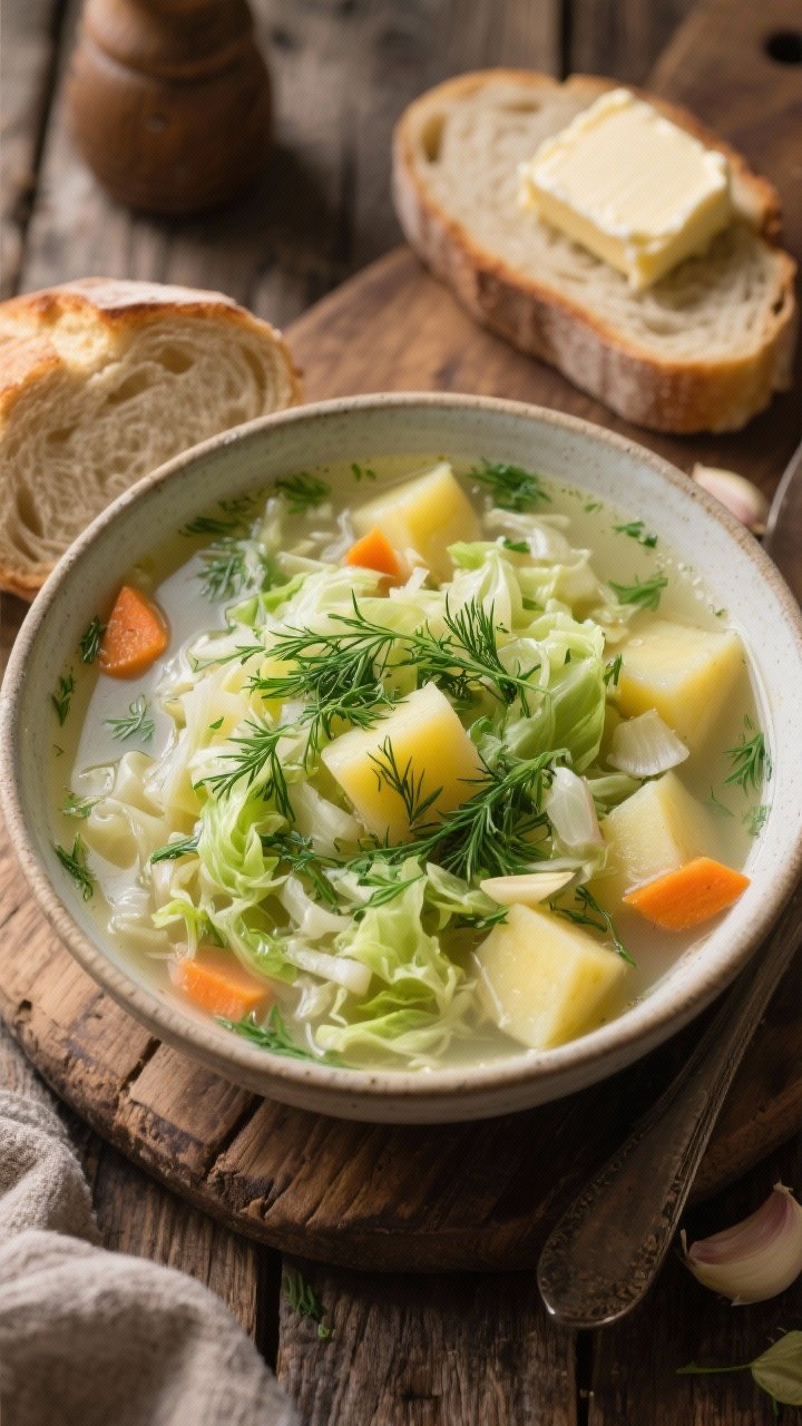 13 Healthy Winter Soup Recipes That’ll Keep You Cozy All Season 11 Straight-on rustic presentation of cabbage, potato, and dill soup in a deep bowl: shredded green cabbage and Yukon gold potato cubes in a light, clear broth with onion, carrot, and garlic; generous sprinkle of fresh chopped dill; crusty bread on the side and a pat of butter nearby, farmhouse wooden table, cozy Eastern European vibe.
