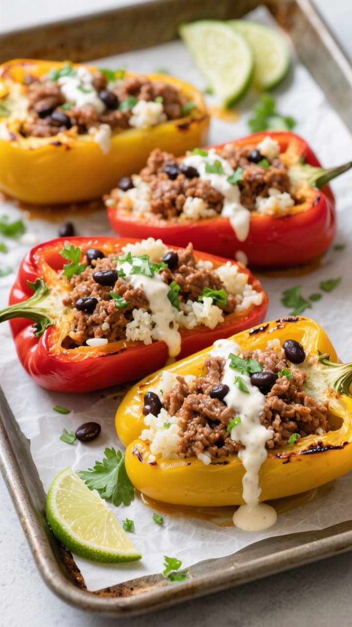 Straight-on shot of chipotle-lime turkey stuffed peppers: halved red and yellow bell peppers filled with smoky chipotle-spiced ground turkey and fluffy cauliflower rice, speckled with black beans and cilantro, lightly charred edges; lime zest and crema drizzle, cilantro leaves and lime wedges on the side; arranged on a sheet pan with parchment.