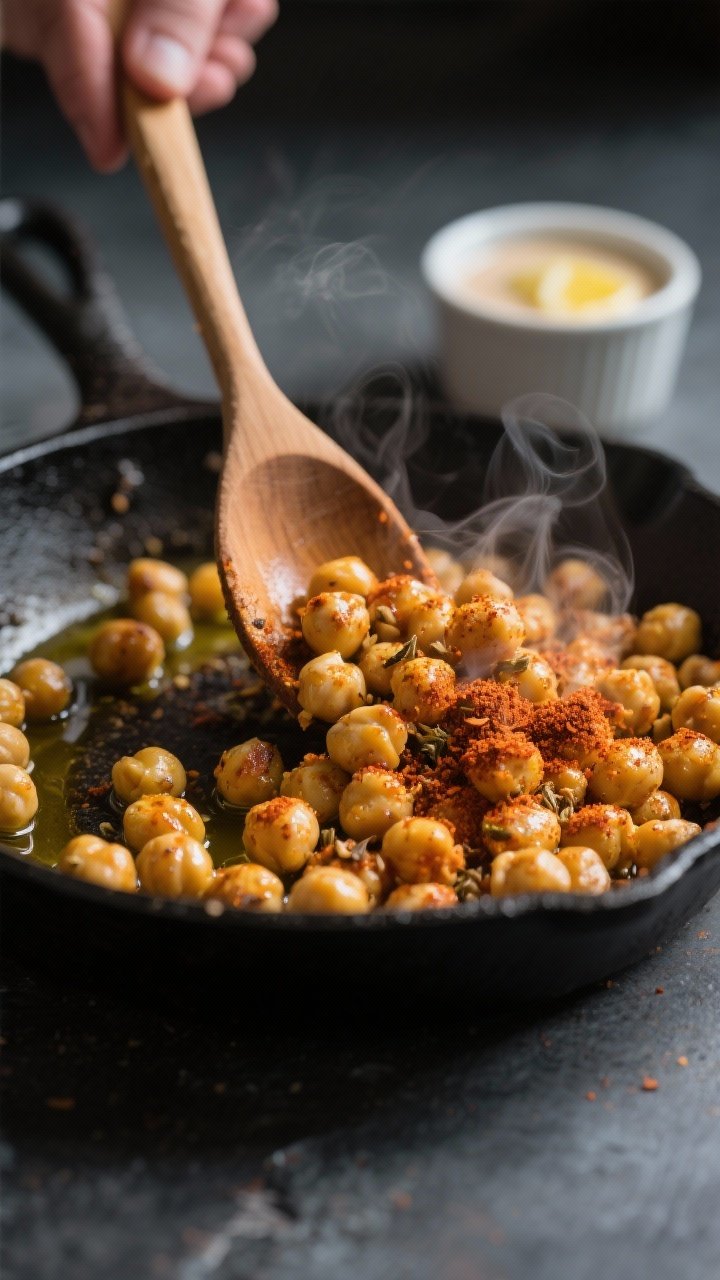 Mediterranean Spinach Chickpea Salad with Lemon Tahini 1 Close-up detail and process: A shallow-depth-of-field shot of warm sautéed chickpeas being tossed i