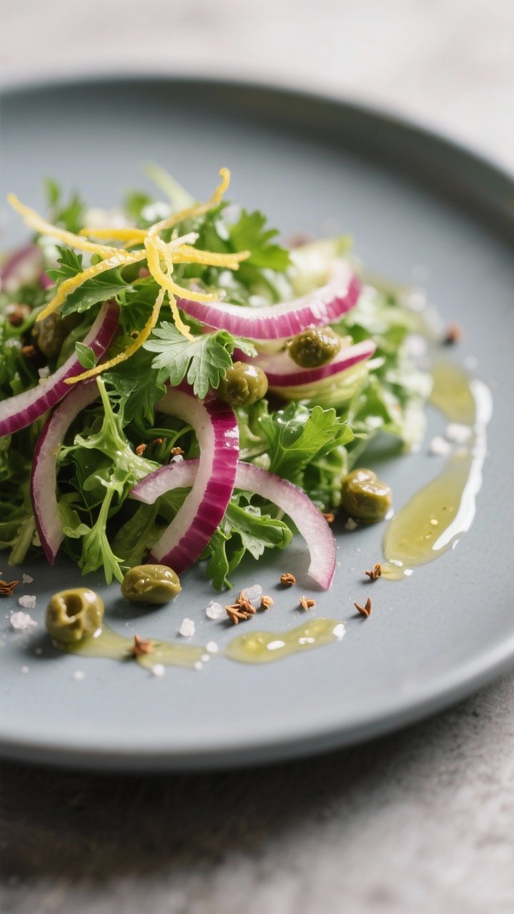 Close-up detail of the final plated salad portioned onto a cool gray plate: focus on the delicate te