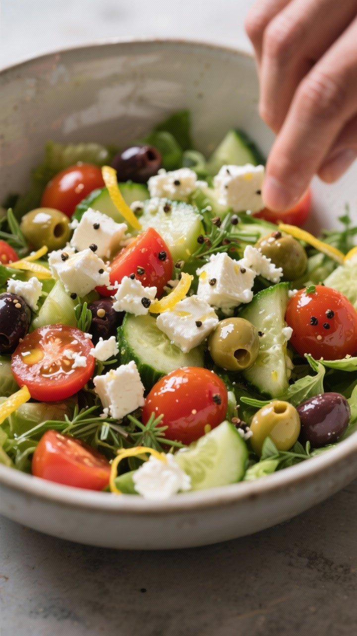 Close-up detail of the finishing toss: prepared salad in a large mixing bowl just after the feta is 