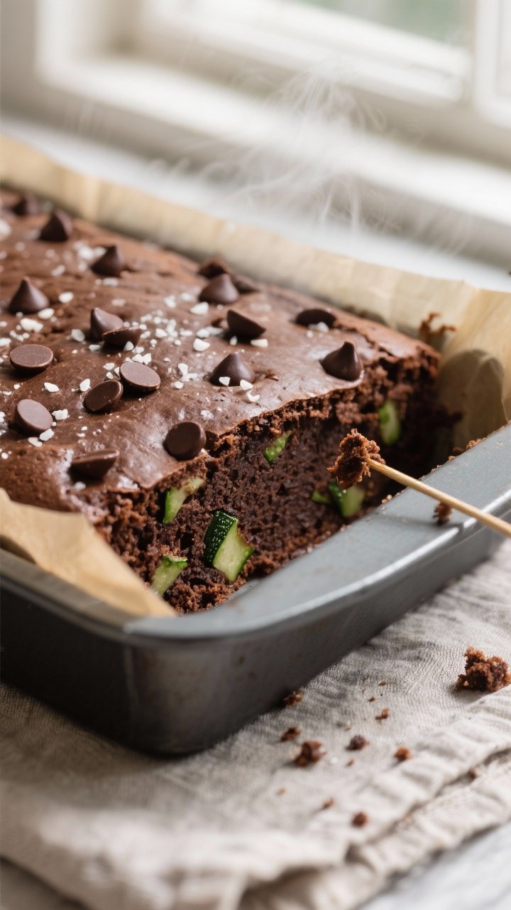 Fudgy Zucchini Chocolate Snack Cake 1 Close-up detail shot: A just-baked fudgy zucchini chocolate snack cake slab lifted from an 8x8 pan w