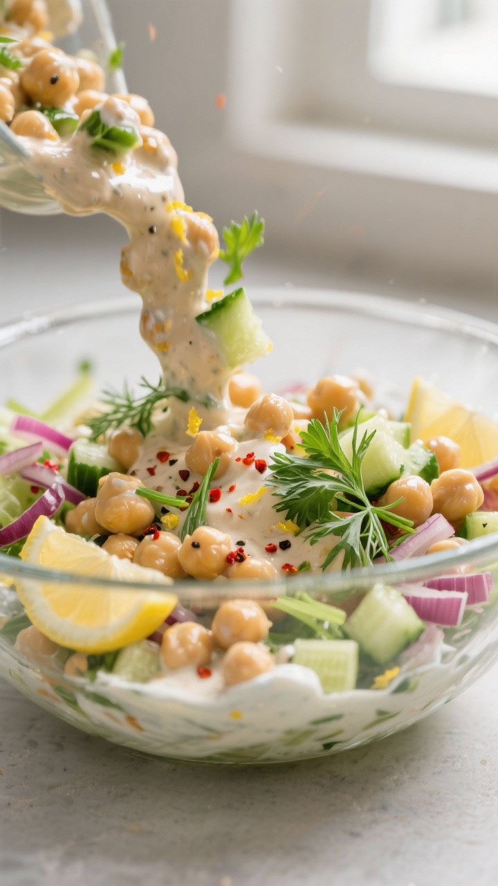 Creamy Lemon Herb Chickpea Salad (Protein-Packed & Easy) 1 Close-up detail shot: Creamy lemon herb chickpea salad mid-toss in a wide glass mixing bowl, showing