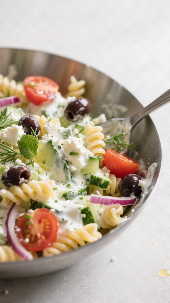 Creamy Tzatziki Pasta Salad (Mediterranean Twist!) 1 Close-up detail shot: Creamy tzatziki pasta salad being gently tossed in a wide stainless bowl—al