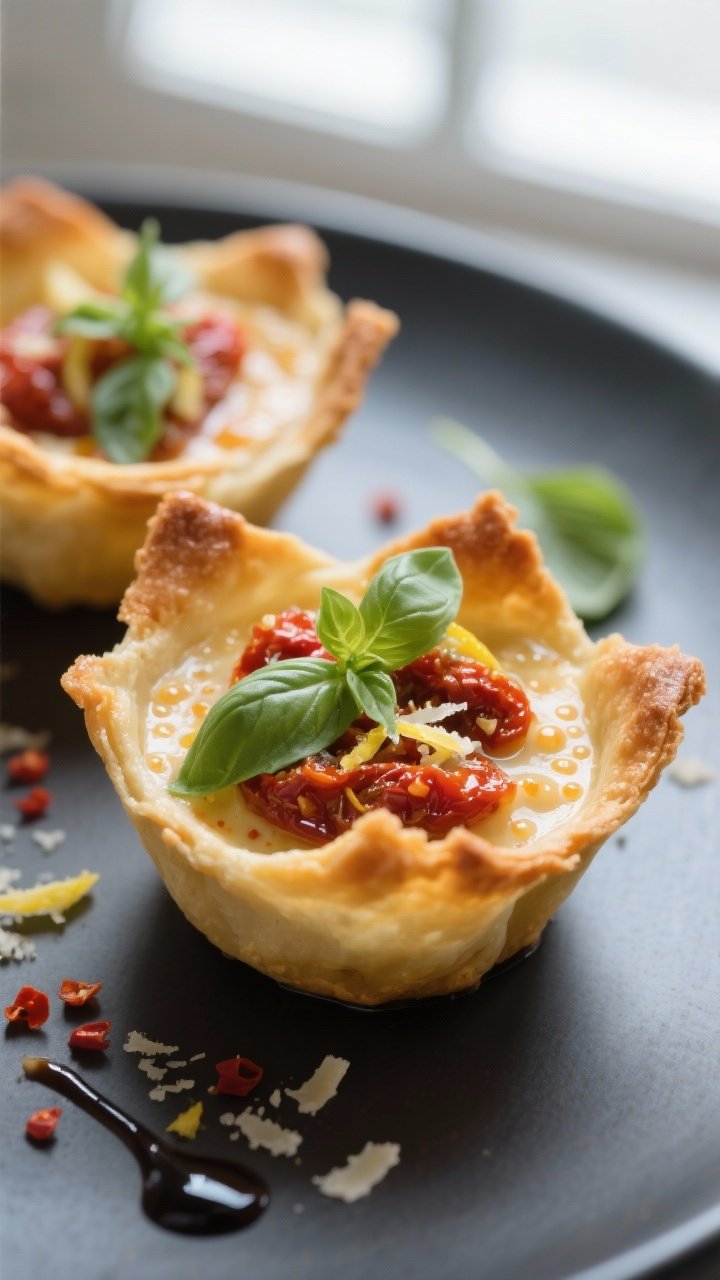 Close-up detail shot: Freshly baked wonton cups filled and just out of the final bake, showing shatt