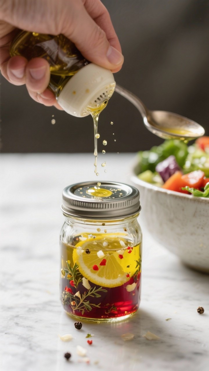 Close-up process shot of the garlic vinaigrette being shaken to a silky emulsion in a small lidded j
