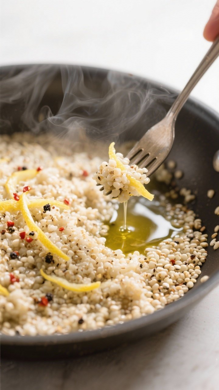 Cooking process close-up: Fluffy, just-cooked quinoa being fluffed with a fork in a wide, shallow pa