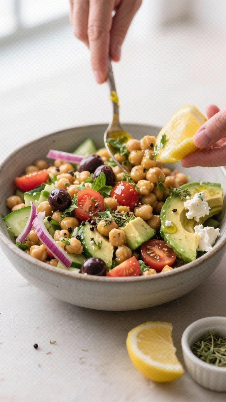 Greek-Style Chickpea Avocado Salad (Super Filling!) That Eats Like a Meal, Not a Side 1 Cooking process close-up: Greek-style chickpea avocado salad being tossed in a large matte ceramic b