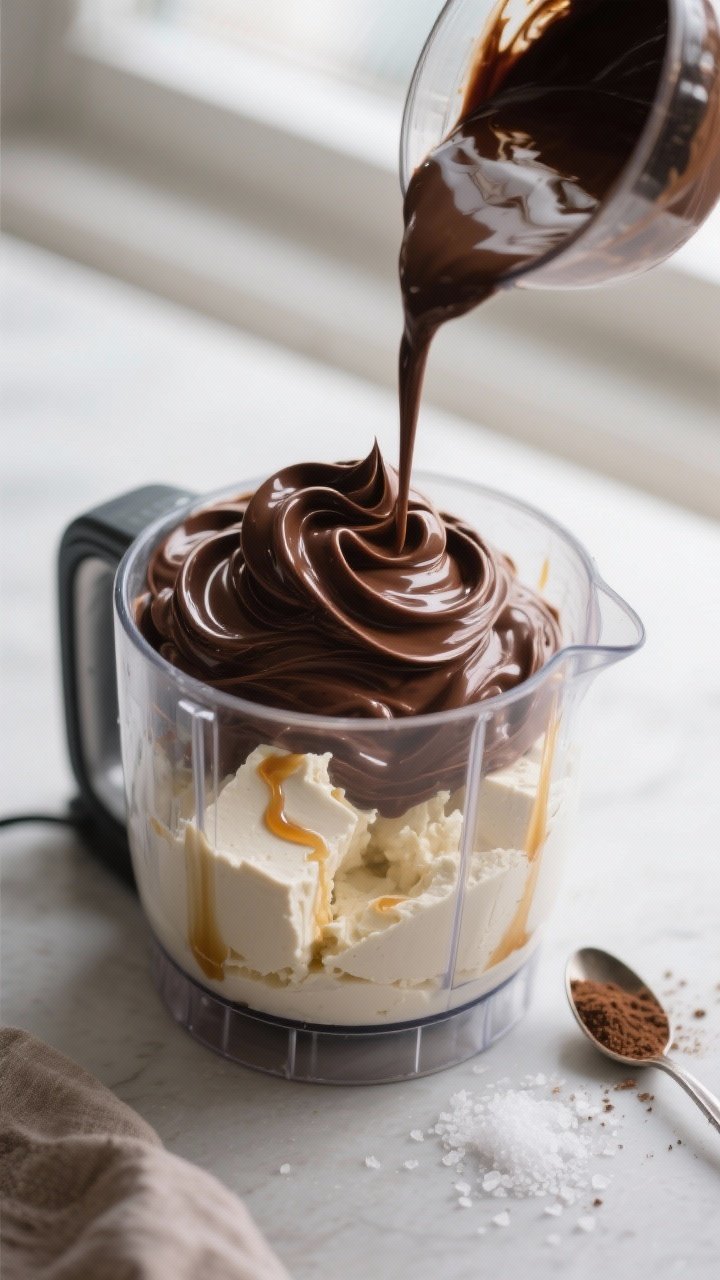 Cooking process — silky tofu chocolate mousse being blended: Close-up of glossy, fully melted dark