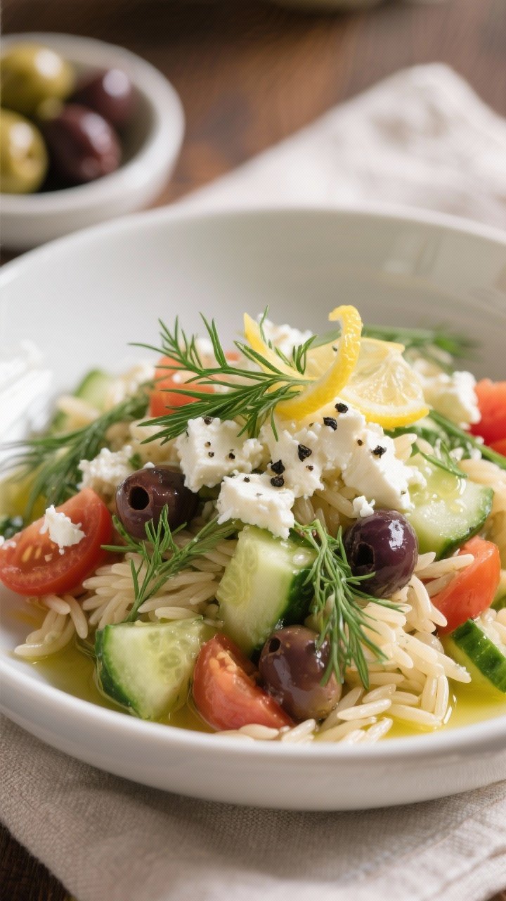 Final dish, close-up detail: Mediterranean Orzo Cucumber Salad with Feta & Dill beautifully plated i