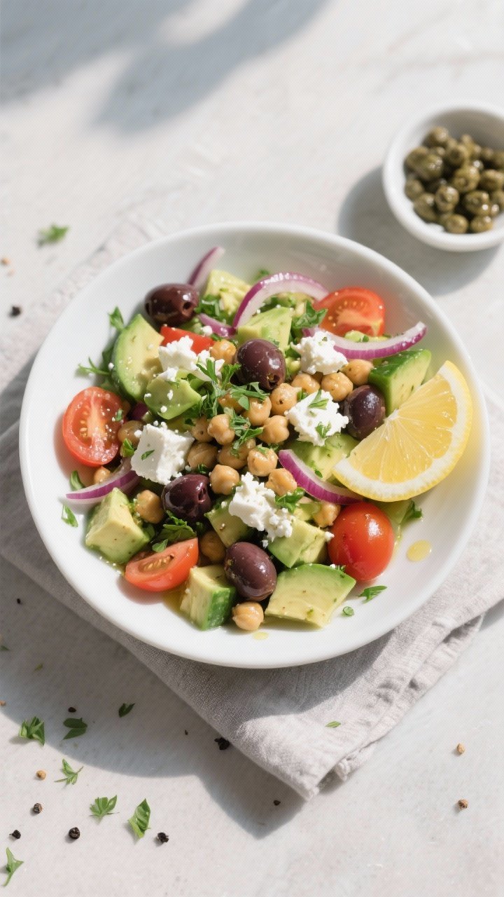 Greek-Style Chickpea Avocado Salad (Super Filling!) That Eats Like a Meal, Not a Side 2 Final plated overhead: Finished Greek-style chickpea avocado salad served in a wide white rimmed bow