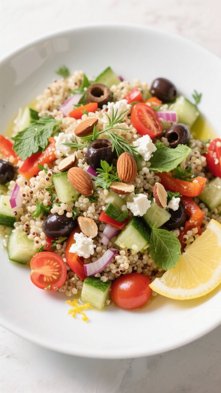 Final plated overhead: Mediterranean Quinoa Crunch Salad fully assembled in a wide white bowl, showi