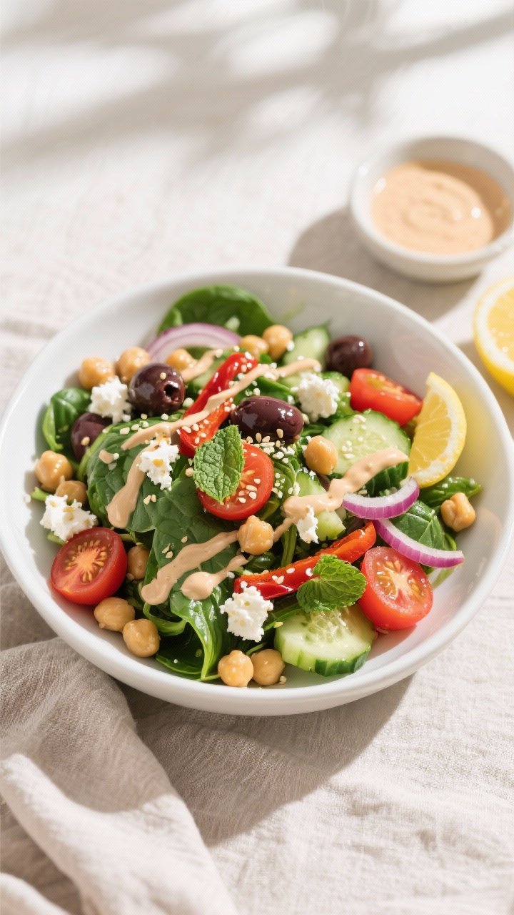 Mediterranean Spinach Chickpea Salad with Lemon Tahini 2 Final plated overhead: Top-down shot of a Mediterranean Spinach Chickpea Salad fully dressed with si