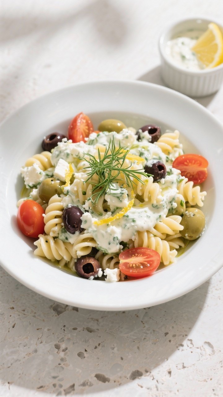 Creamy Tzatziki Pasta Salad (Mediterranean Twist!) 2 Overhead final presentation: Completed creamy tzatziki pasta salad served in a matte white low bowl