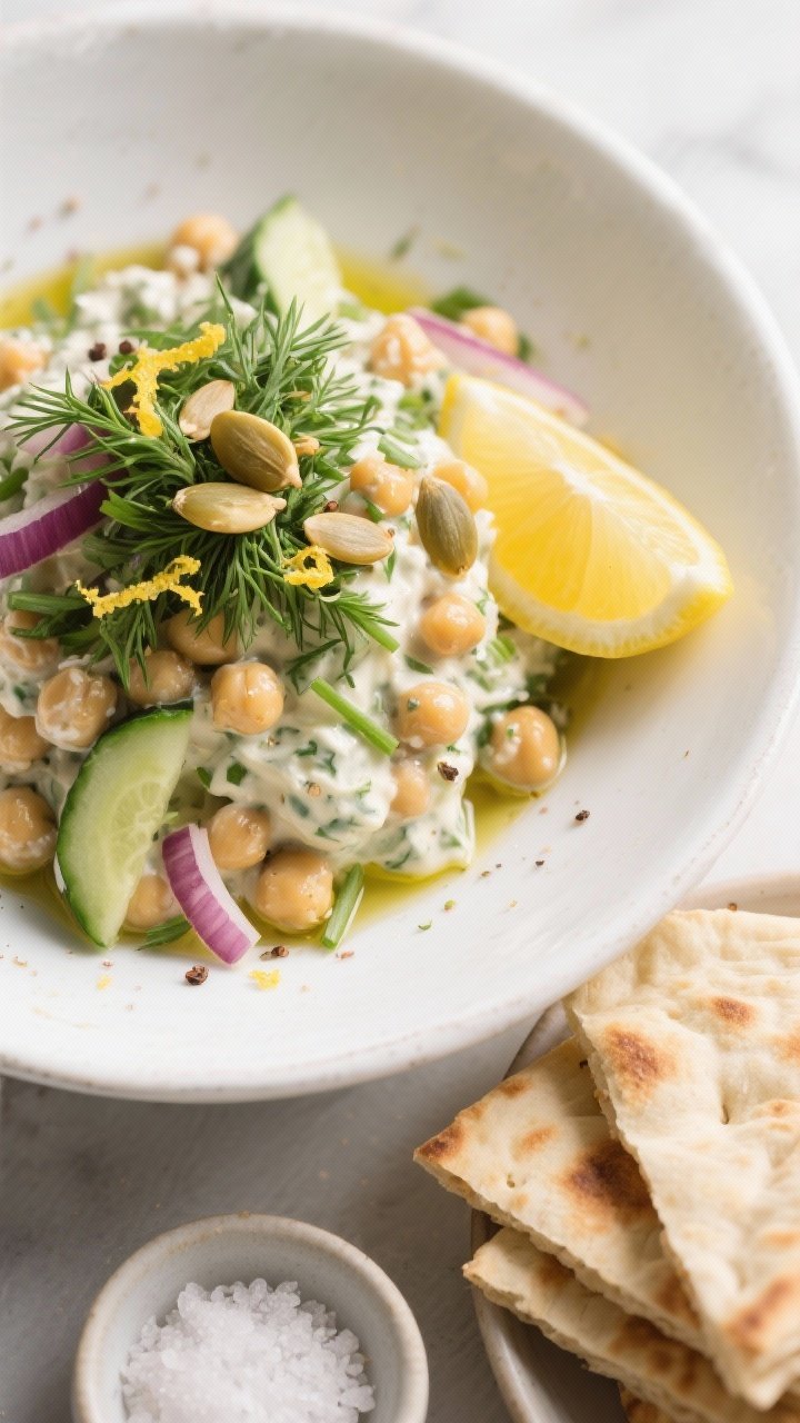 Creamy Lemon Herb Chickpea Salad (Protein-Packed & Easy) 2 Overhead final presentation: Restaurant-quality plated creamy lemon herb chickpea salad mounded in a