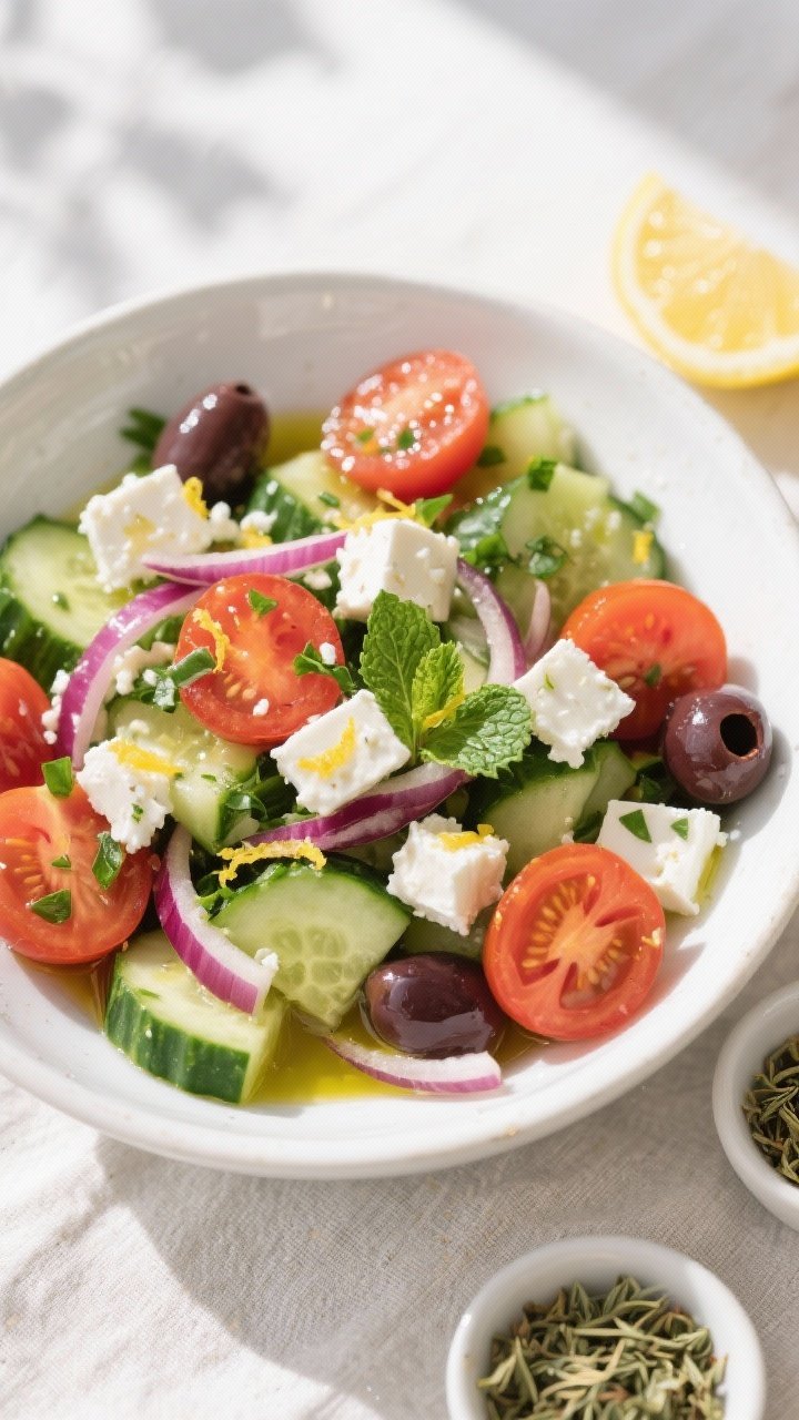 Overhead shot of a fully assembled Mediterranean cucumber-tomato-feta bowl, tossed and glistening wi