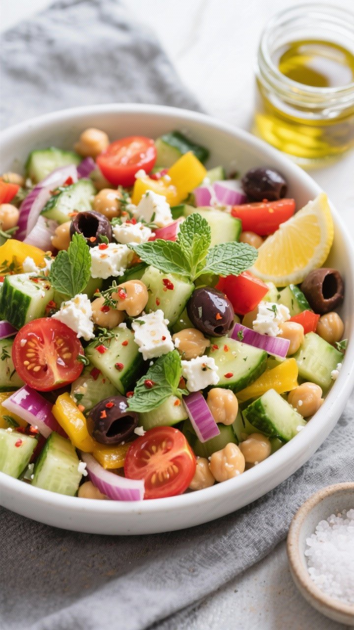 Overhead shot of the fully assembled Mediterranean chopped veggie salad just after tossing with garl
