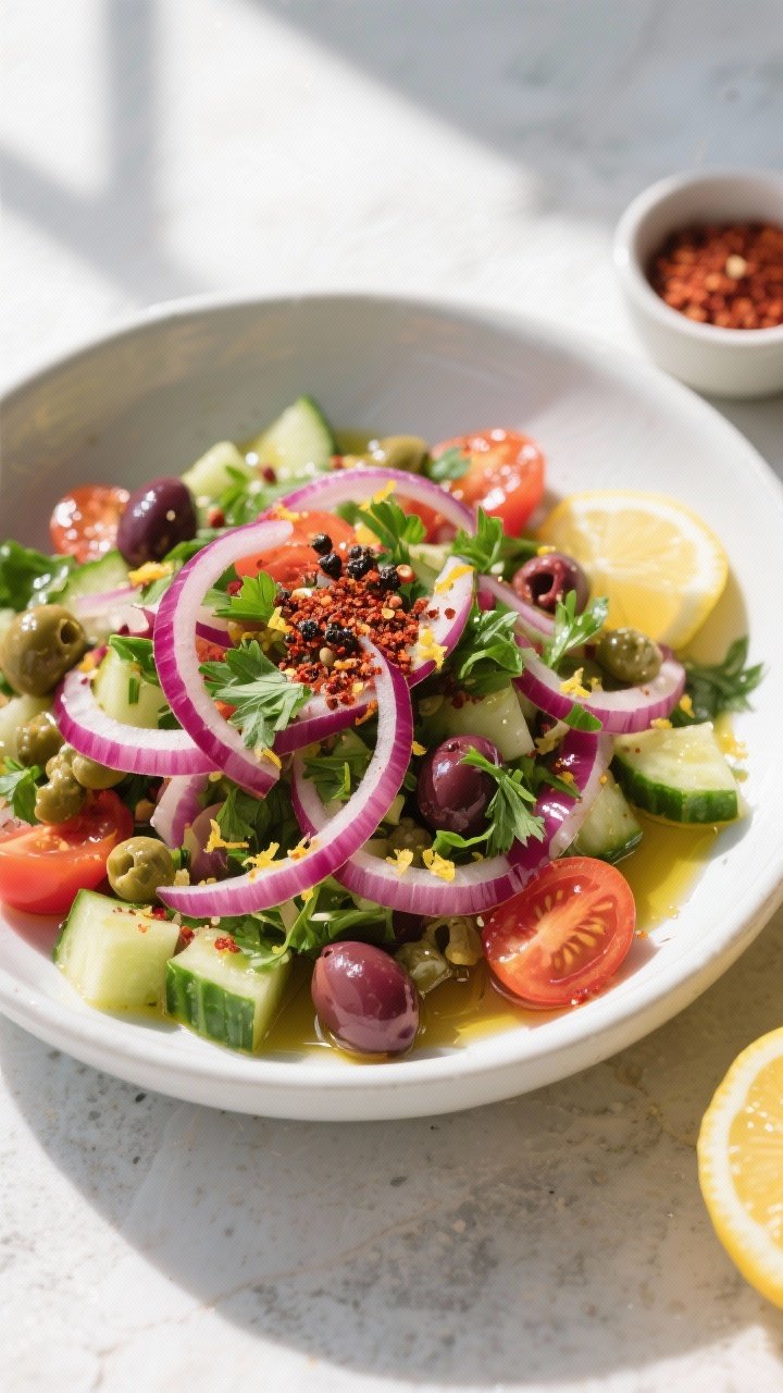 Overhead shot of the prepared Mediterranean red onion & parsley side salad just after tossing: ultra