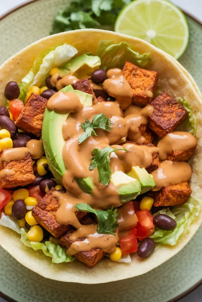 11 Healthy Taco Bowl Meal Prep Ideas That'll Make You Actually Look Forward to Lunch All Week 7 Crispy Tofu Taco Bowl with Chipotle Lime Sauce